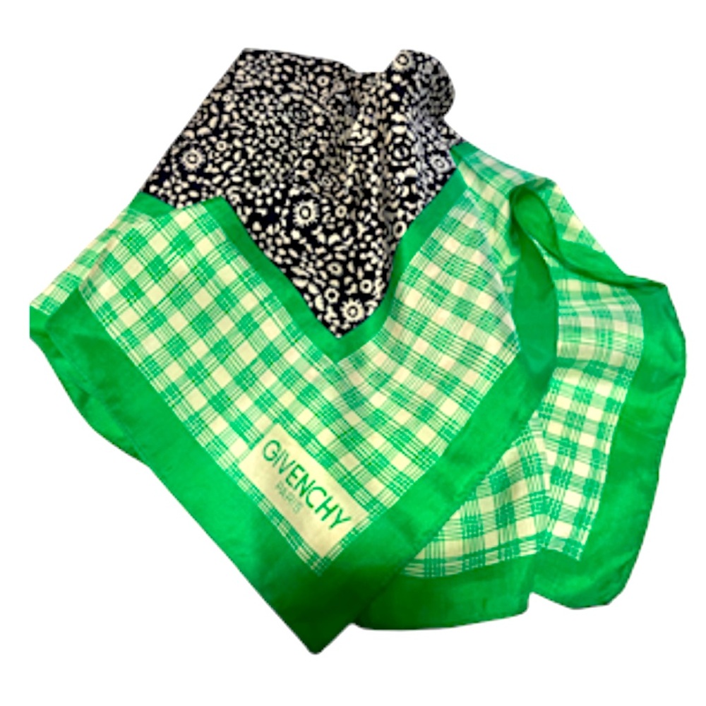 GIVENCHY 100% Silk Printed Green/White/Navy Scarf Hand Rolled 22”x22” Made Italy